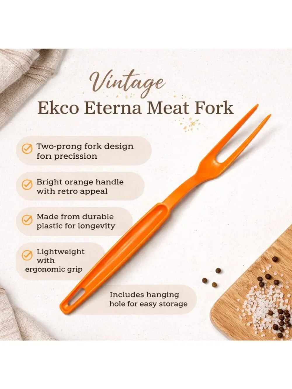 Vintage Ekco Meat Fork Orange Plastic Handle Retro MCM Kitchen Serving Utensil